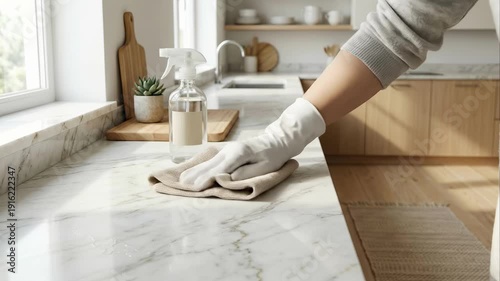 Hand wiping marble kitchen table surface, close up