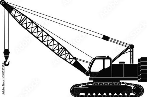 Crawler crane silhouette vector illustration with heavy lifting equipment and mechanical hook for industrial construction site building project isolated on white background design
