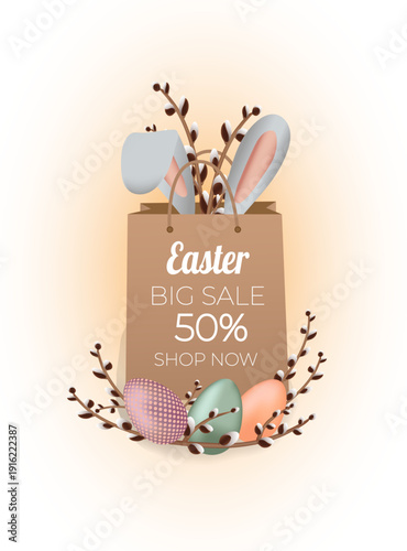 Happy easter sale. A paper bag with cute rabbit's ears with easter eggs and willow on white background.