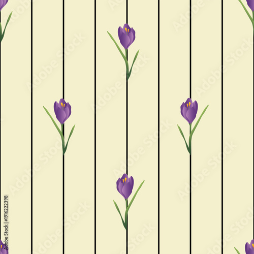 Seamless pattern with spring flowers, purple crocus, on yellow background, black stripe.