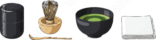 Traditional Japanese tea ceremony setup with matcha bowl, whisk, scoop, and container on a white background