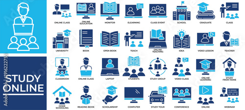 Study Online icon set collection. Containing students, teaching, guidance, lesson, seminar, academic, graduate .Solid vector icons collection