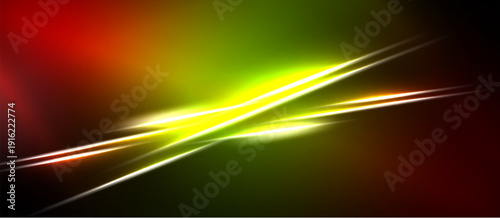 Abstract background features vibrant red, green, yellow streaks. Bright lines intersect creating dynamic visual effect. Dark areas frame colorful display.