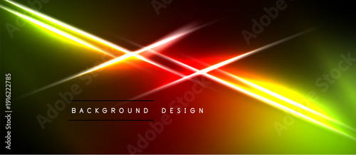 Abstract neon lines intersect, creating vibrant gradients. Dark background emphasizes bright yellow, red, green illumination. Text reads background design.