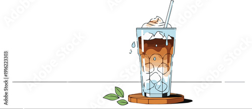 A refreshing glass of iced coffee with ice cubes and a straw on a wooden coaster, viewed from the side.