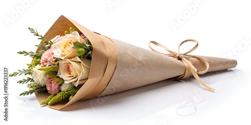 Empty craft paper wrapping cornet tied with beige canvas ribbon isolated on white