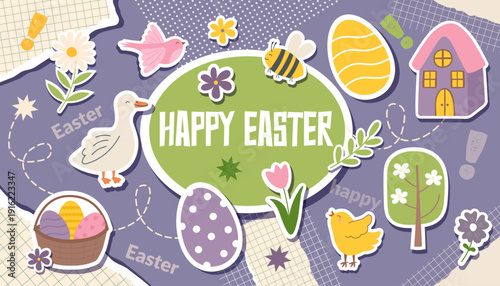 Easter collage banner with Easter objects in pop art style7. Easter trendy background. Concept of Easter, spring, holiday celebration.