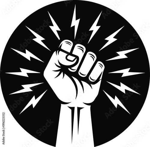 Powerful black and white circular emblem featuring a raised fist silhouette with lightning bolts representing solidarity, resistance, strength, and social justice activism