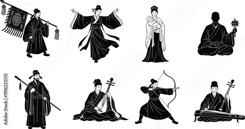 Ancient Chinese people collection vector, traditional culture characters set, musicians warrior mother monk dancer, historical illustration isolated design