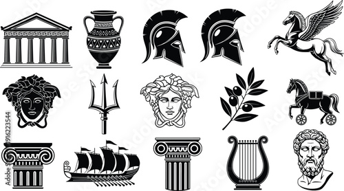 Ancient Greek symbols collection vector, mythology icons set, temple helmet trident medusa pegasus column ship illustration isolated design