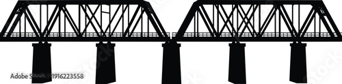Railway truss bridge silhouette vector illustration with steel frame structure and pillars for industrial transport infrastructure engineering landmark isolated on white background design