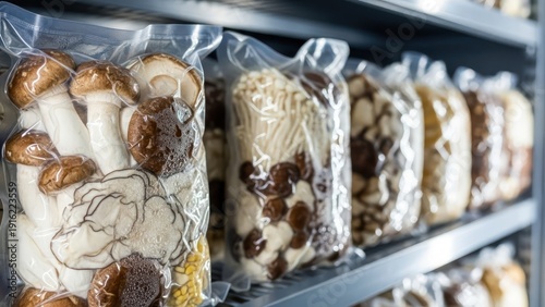 Fresh mushrooms in packaging, various types on store shelf