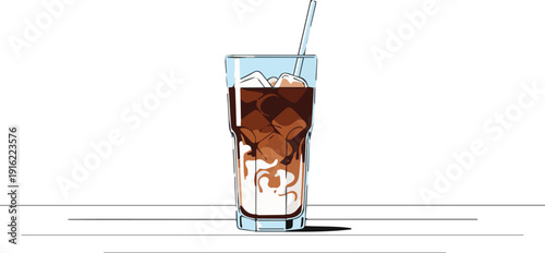 A tall glass filled with ice and dark liquid on a table with a straw sticking out