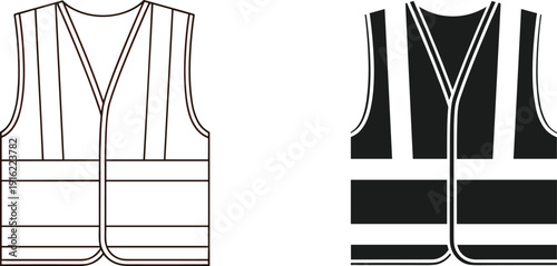 Safety vest silhouette icons set isolated on white background for construction site, industrial work, traffic safety, reflective clothing, engineering and personal protective equipment