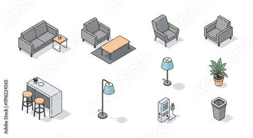 Isometric furniture and home decor elements collection.