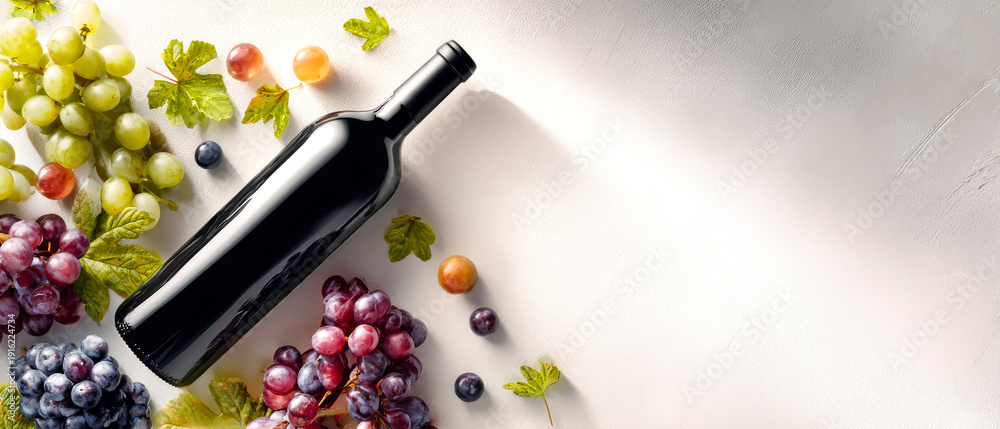 Fototapeta premium Arrangement of wine bottle, glass, and fresh grapes on a light background captures the essence of wine culture for shops and dining