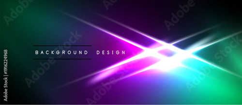 Abstract vibrant design features glowing lines, gradients. Purple, green hues dominate dark background. Text reads background design.