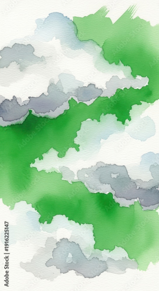 Obraz premium Vibrant watercolor clouds drifting over a lush green landscape with a soft sky.