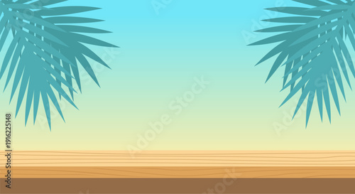 Wooden Table Surface Background with Tropical Palm Leaves for Product Display