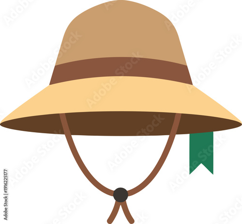 Safari hat illustration with chin strap and ribbon, adventure travel headwear vector icon