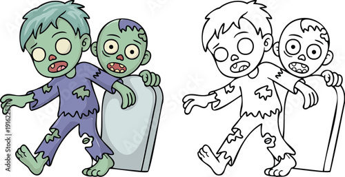 zombies Illustration and outline set isolated on transparent background