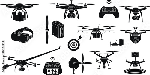 Drone technology silhouettes collection with quadcopters, remote controllers, propellers, VR headset, delivery drone, aerial photography equipment vector illustration set