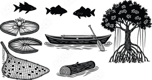 Fishing and river nature silhouettes set with boat, fish, mangrove tree, water lily, net, wooden log vector illustration collection