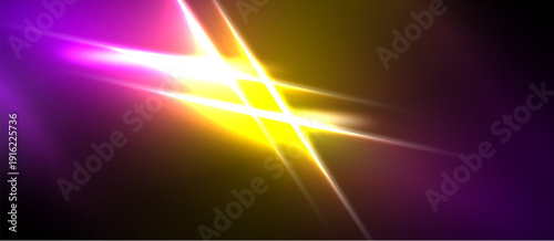 Bright abstract light streaks, vibrant purple, yellow hues. Dramatic energy radiates from central point, dark background.