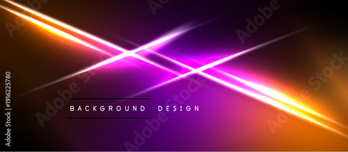 Abstract neon lines intersect over dark background. Vibrant orange, purple hues create dynamic visual effect. Modern design element.