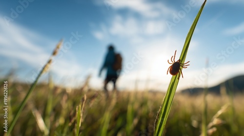Ixodes tick on green grass with human silhouette representing exposure to infection