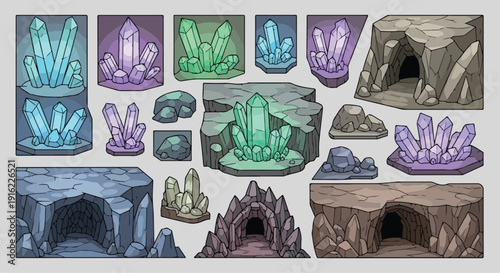 Fantasy game crystal and cave vector collection. Includes blue, purple, green, and yellow crystals, and various rock formations and cave entrances. Created in cartoon style with a muted color