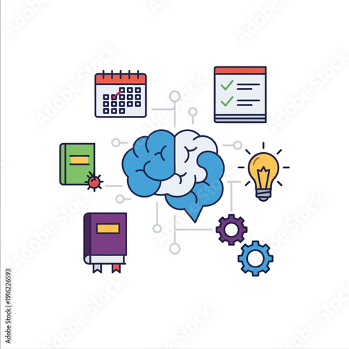 Illustration of a brain surrounded by icons representing ideas, planning, and knowledge.