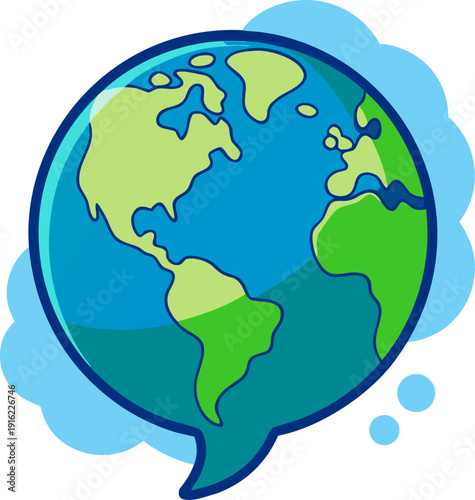 Earth globe placed inside thought bubble, global awareness concept, clean line art vector, blue and green color palette , white background