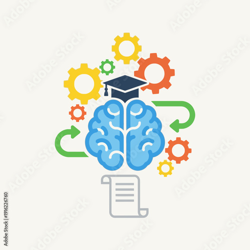 Brain with gears, graduation cap, and arrows representing learning and cognition.