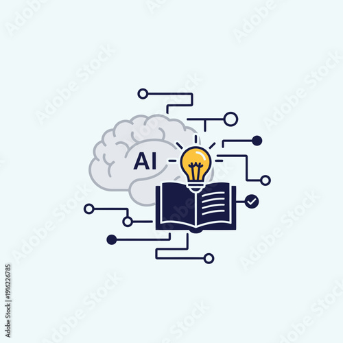 Illustration of a brain, light bulb, and book representing artificial intelligence concepts.
