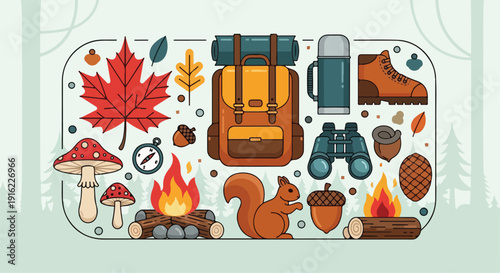 Vector illustration of autumn camping essentials: backpack, hiking boots, thermos, binoculars, campfire, red maple leaves, mushrooms, squirrel, and acorns.