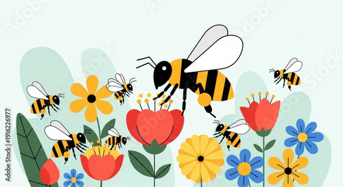 Busy bees flying around colorful flowers in a vibrant garden scene with blooming tulips and daisies