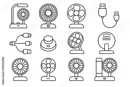 Mini angle fan usb desk spokes splitter compact housing grille icon vector