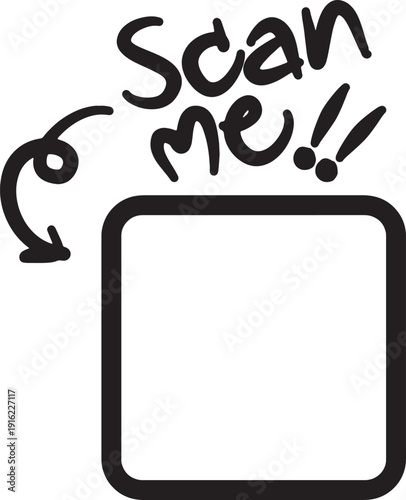 Doodle style scan me qr code frame with handwritten text and arrow pointer on transparent background for marketing vector illustration digital scanning concept web design element isolated graphic