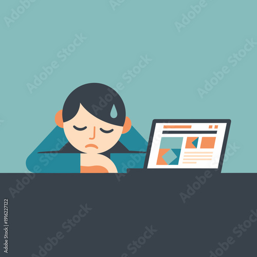 Person resting head on desk with a laptop, appearing tired or stressed.