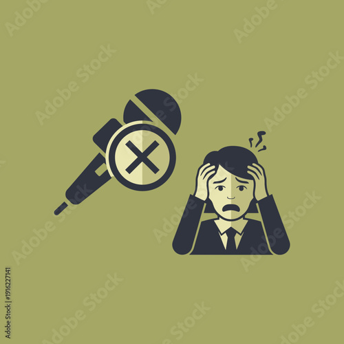 Person holding head in distress with a magnifying glass and cross symbol nearby.