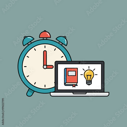 Alarm clock, laptop with a book icon, and a lightbulb icon on screen.