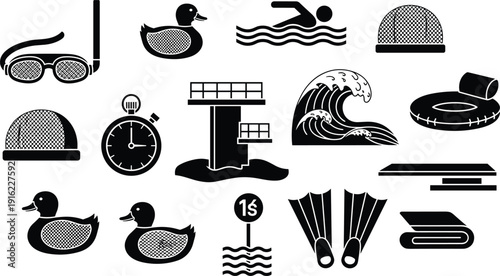 Swimming pool icons set with snorkel, goggles, ducks, diving board, wave, stopwatch, flippers, float, towel vector illustration collection
