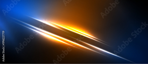 Abstract energy lines intersect. Blue, orange, yellow hues create dynamic visual effect. Dark background emphasizes bright streaks.