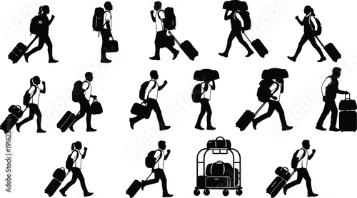 Traveler silhouettes collection vector, people walking with luggage set, airport passengers icons, travel lifestyle illustration, isolated black design