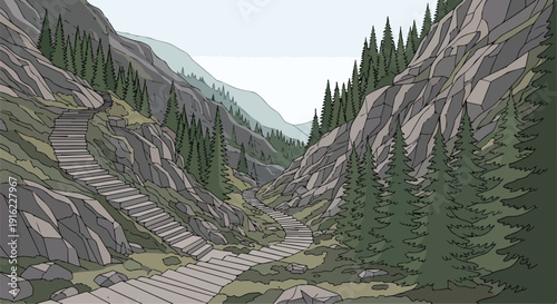 Vector illustration of a winding road and steep hiking trail ascending through a narrow mountain valley with tall pine trees and rugged grey rock faces under a pale blue sky.