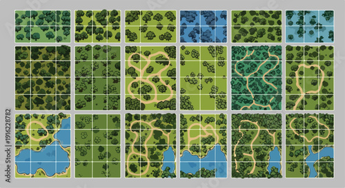 Top-down vector map tiles featuring green forest trees, winding dirt paths, and blue water lakes for game development or fantasy world building.