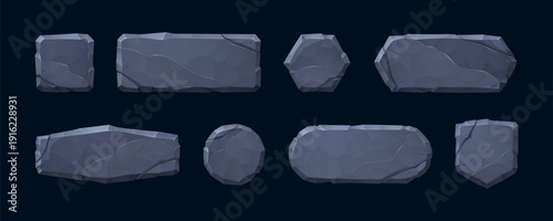 Stone game frame collection with rocky textures and medieval design elements. Cartoon UI buttons - ancient tablet shapes, fantasy plaques and borders for mobile RPG adventure interface panels.