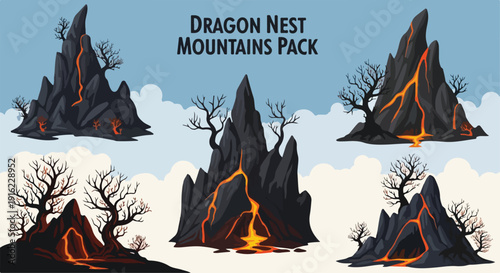 Vector cartoon pack of six isolated dark volcanic mountains with glowing orange lava flows and bare, gnarled trees, ideal for game assets or fantasy backgrounds.