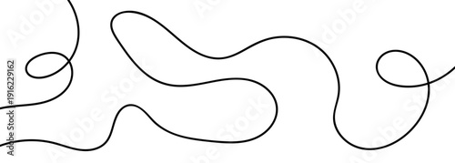Continuous black squiggle line cable creating abstract wavy vector illustration pattern on white background. Curvy cable thread flowing horizontally with organic squiggle line loops and tangled curve.